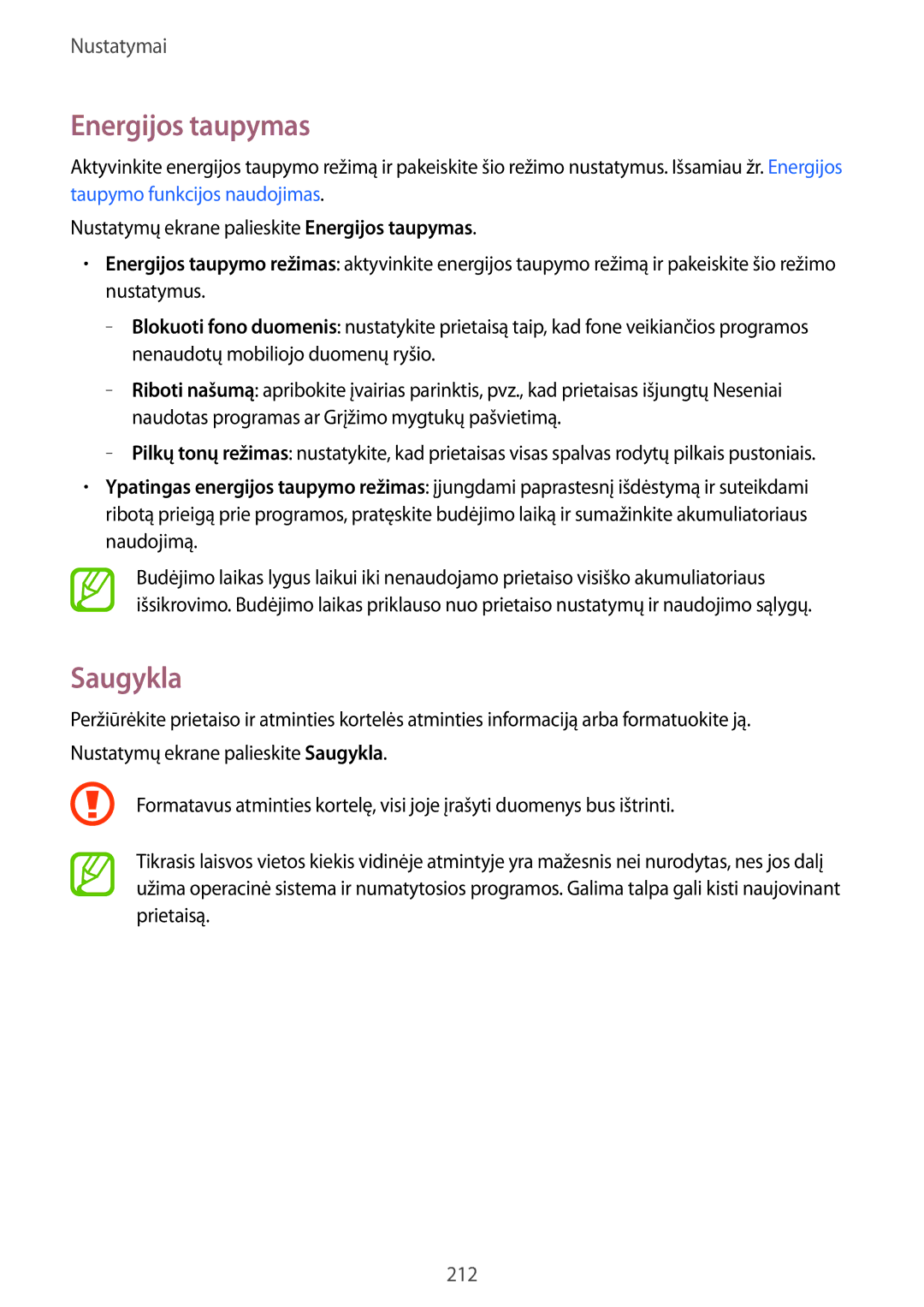 Samsung SM-G900FZDASEB, SM-G900FZWASEB, SM-G900FZKASEB, SM-G900FZBASEB manual Energijos taupymas, Saugykla 