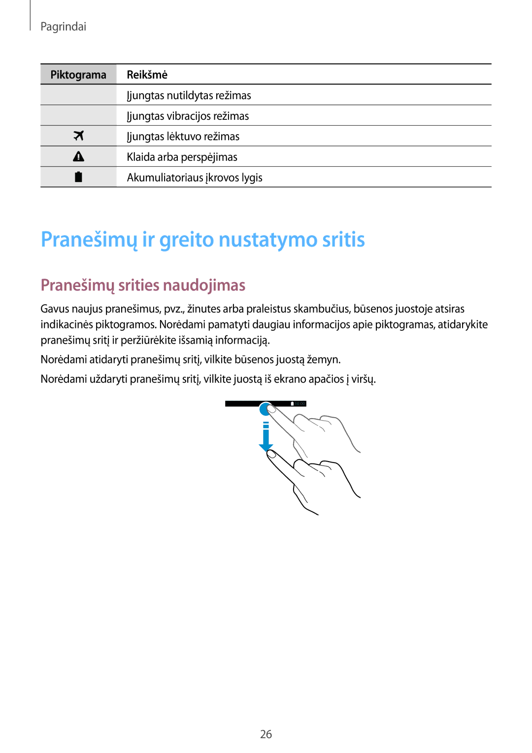 Samsung SM-G900FZKASEB, SM-G900FZDASEB, SM-G900FZWASEB Pranešimų ir greito nustatymo sritis, Pranešimų srities naudojimas 