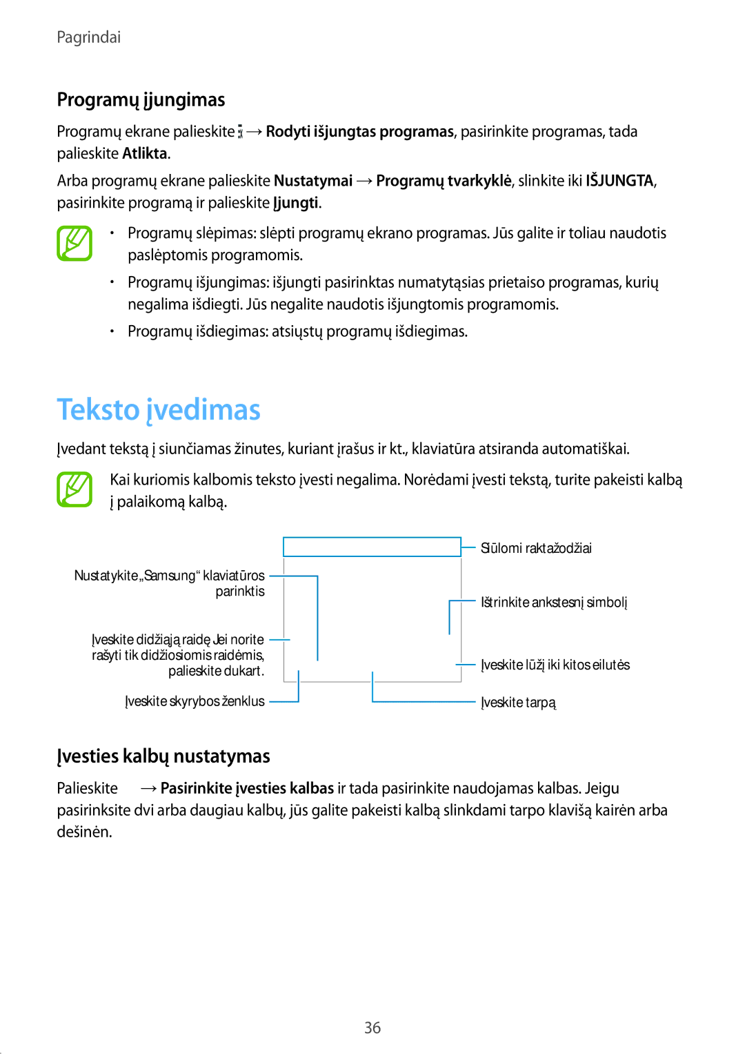 Samsung SM-G900FZDASEB, SM-G900FZWASEB, SM-G900FZKASEB manual Teksto įvedimas, Programų įjungimas, Įvesties kalbų nustatymas 