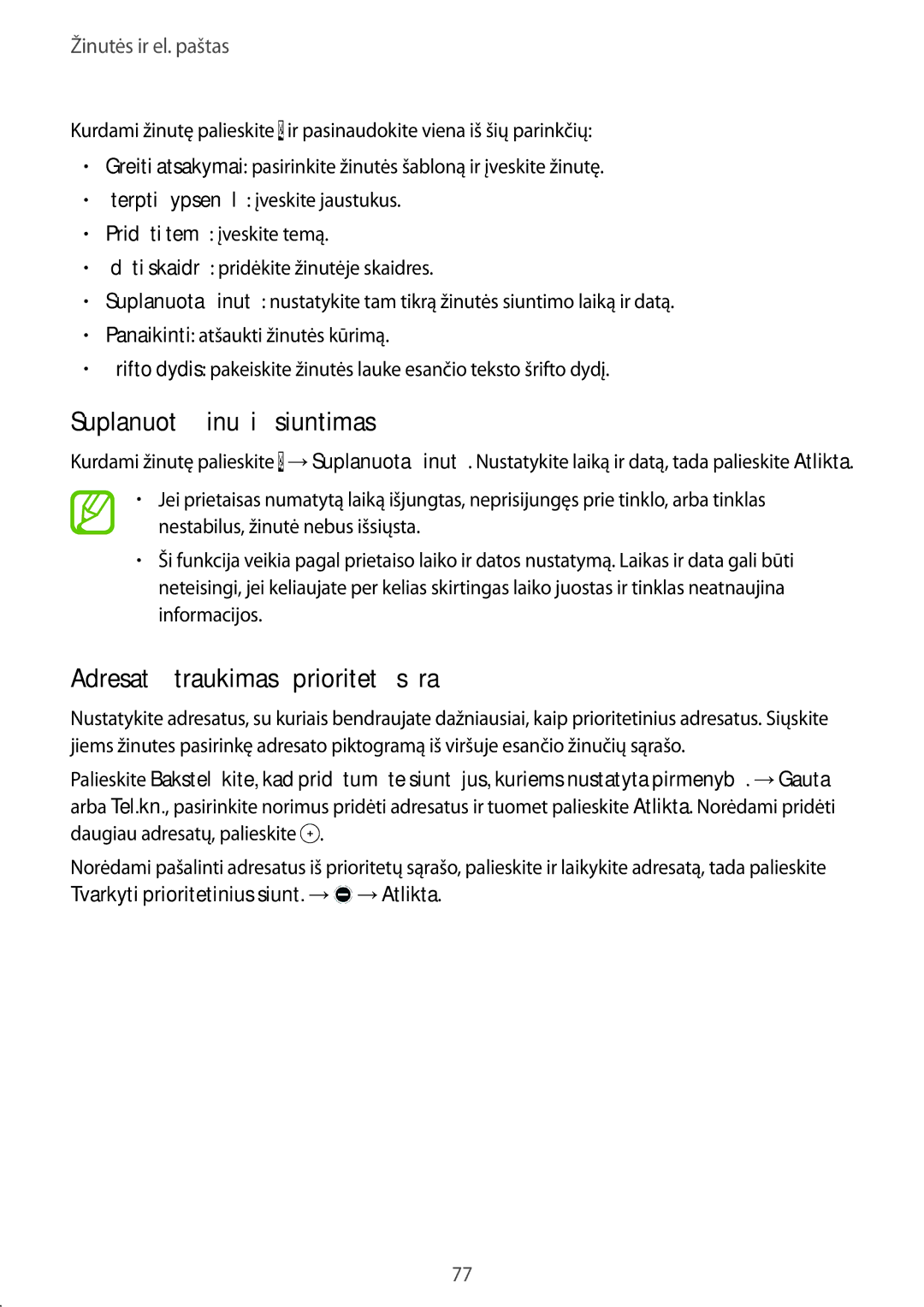 Samsung SM-G900FZWASEB, SM-G900FZDASEB manual Suplanuotų žinučių siuntimas, Adresatų įtraukimas į prioritetų sąrašą 