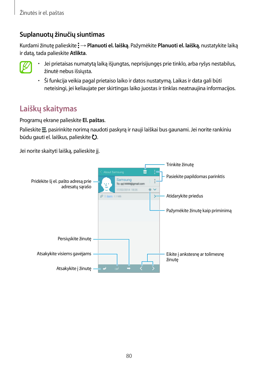 Samsung SM-G900FZDASEB, SM-G900FZWASEB, SM-G900FZKASEB, SM-G900FZBASEB manual Laiškų skaitymas, Suplanuotų žinučių siuntimas 