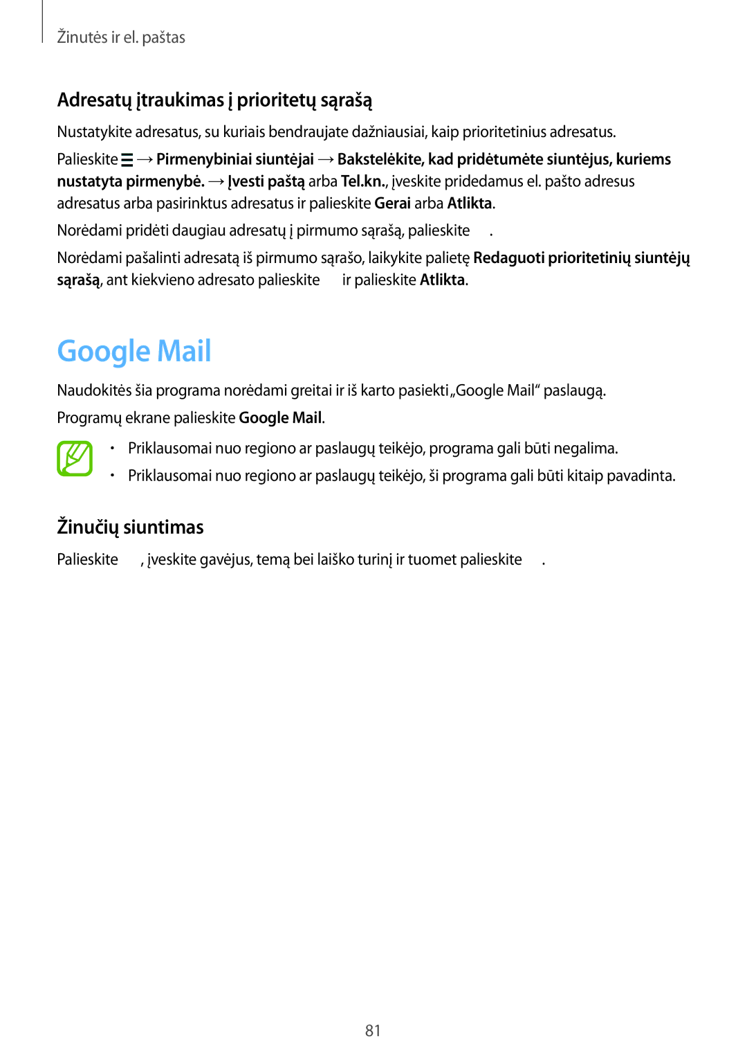 Samsung SM-G900FZWASEB, SM-G900FZDASEB, SM-G900FZKASEB, SM-G900FZBASEB manual Google Mail, Žinučių siuntimas 