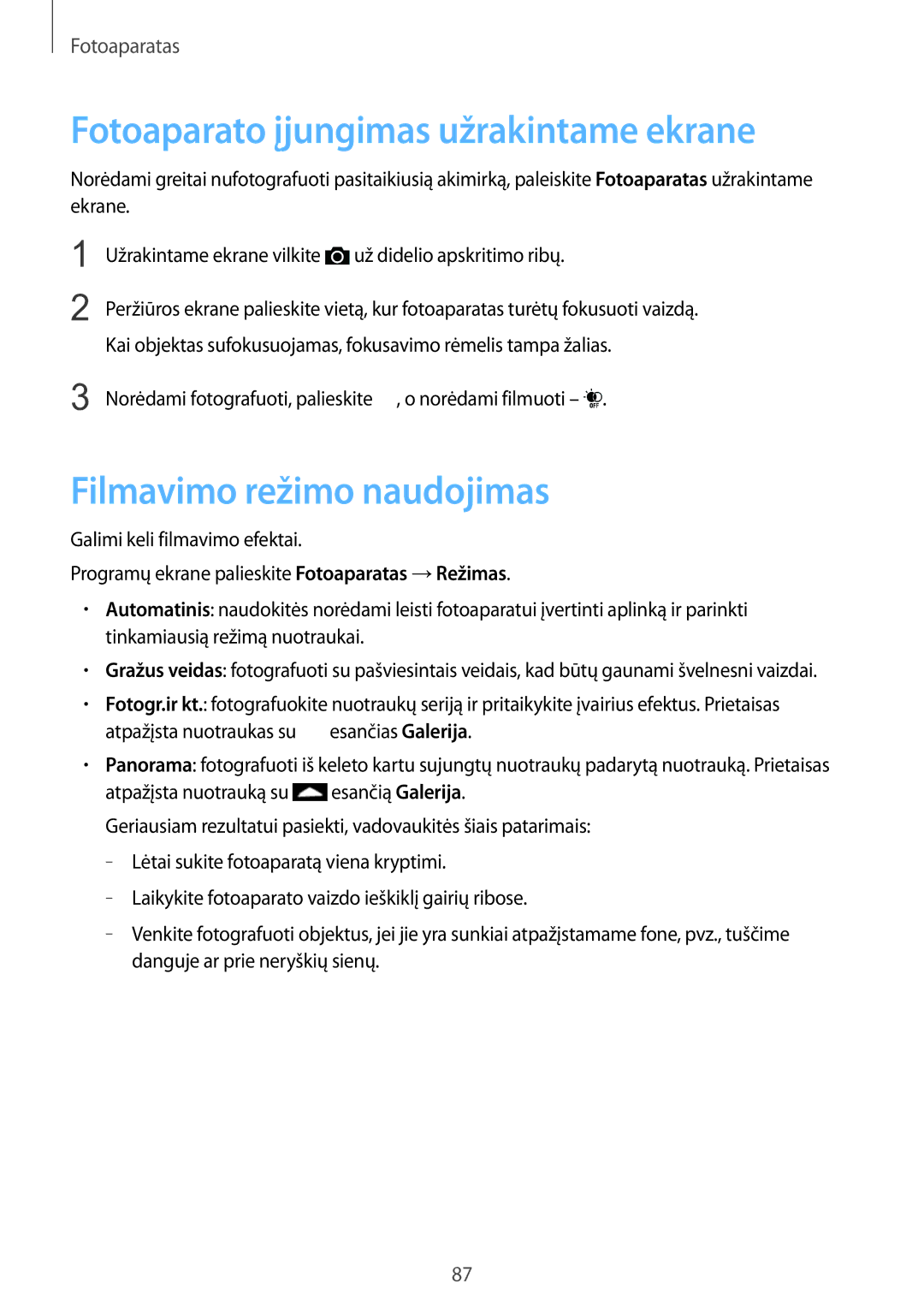 Samsung SM-G900FZBASEB, SM-G900FZDASEB manual Fotoaparato įjungimas užrakintame ekrane, Filmavimo režimo naudojimas 