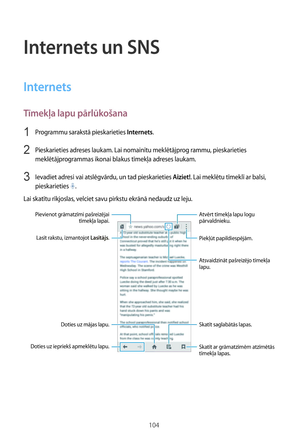 Samsung SM-G900FZDASEB manual Internets un SNS, Tīmekļa lapu pārlūkošana, Programmu sarakstā pieskarieties Internets 