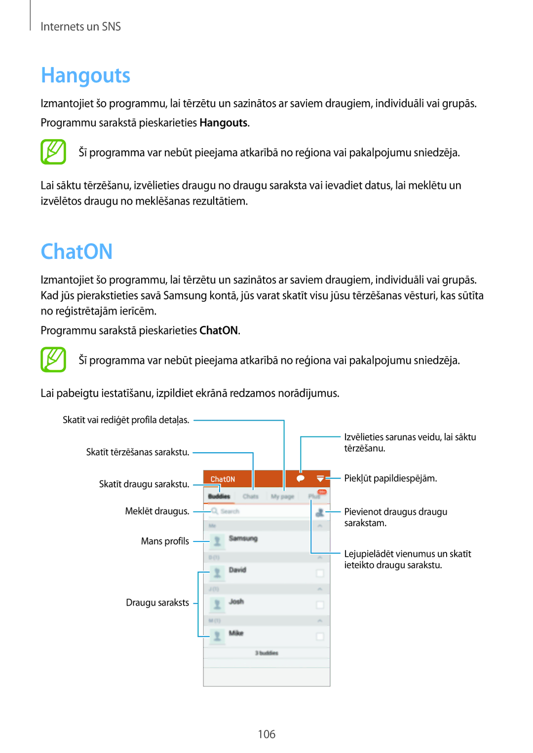 Samsung SM-G900FZKASEB, SM-G900FZDASEB, SM-G900FZWASEB, SM-G900FZBASEB manual Hangouts, ChatON 