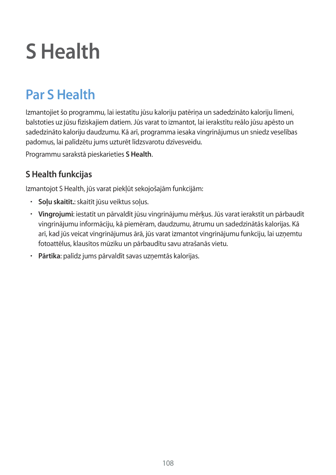 Samsung SM-G900FZDASEB, SM-G900FZWASEB manual Par S Health, Health funkcijas, Programmu sarakstā pieskarieties S Health 