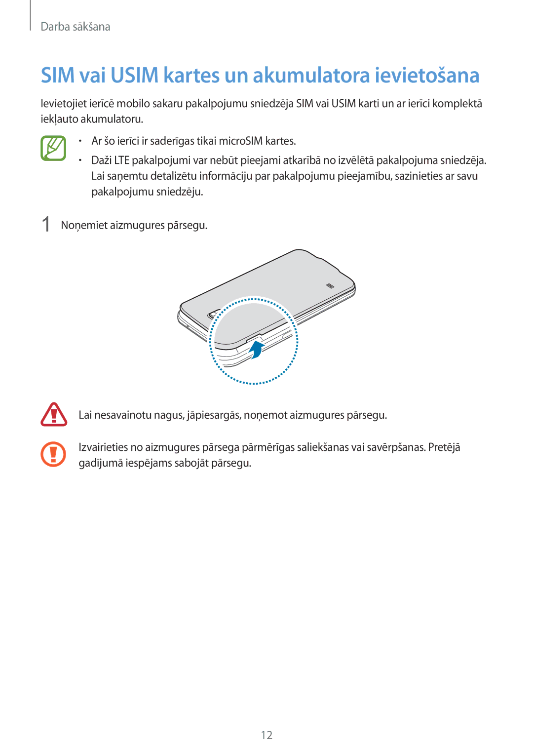 Samsung SM-G900FZDASEB, SM-G900FZWASEB, SM-G900FZKASEB, SM-G900FZBASEB manual SIM vai Usim kartes un akumulatora ievietošana 