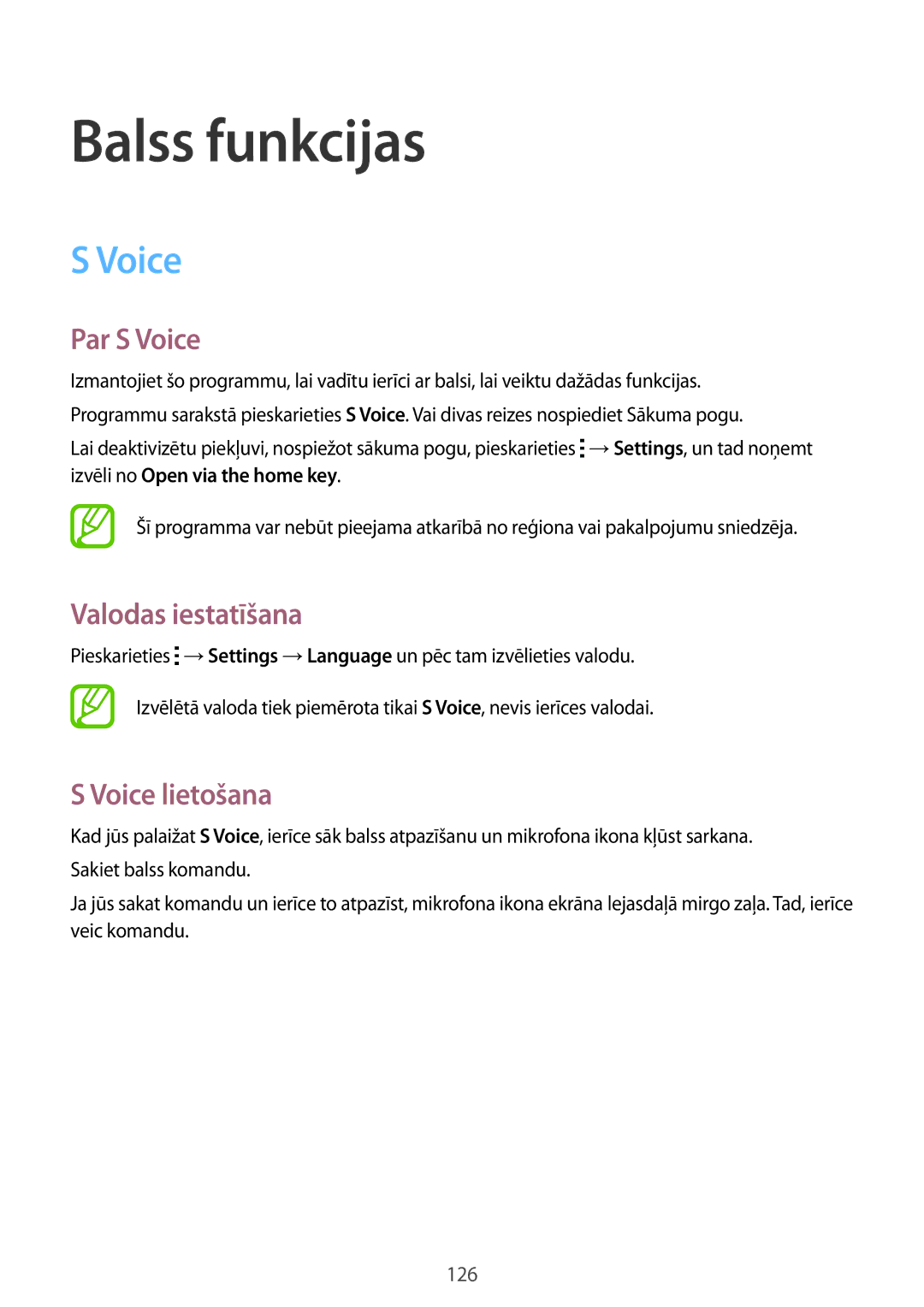 Samsung SM-G900FZKASEB, SM-G900FZDASEB manual Balss funkcijas, Par S Voice, Valodas iestatīšana, Voice lietošana 