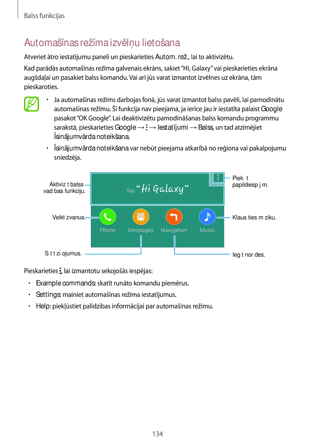 Samsung SM-G900FZKASEB, SM-G900FZDASEB, SM-G900FZWASEB, SM-G900FZBASEB manual Automašīnas režīma izvēlņu lietošana 