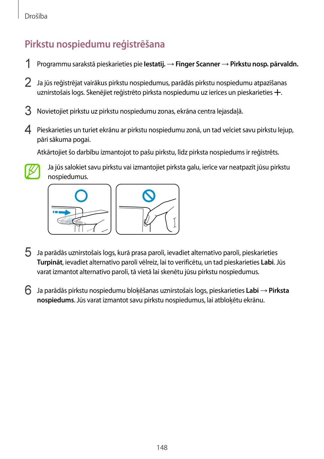 Samsung SM-G900FZDASEB, SM-G900FZWASEB, SM-G900FZKASEB, SM-G900FZBASEB manual Pirkstu nospiedumu reģistrēšana 
