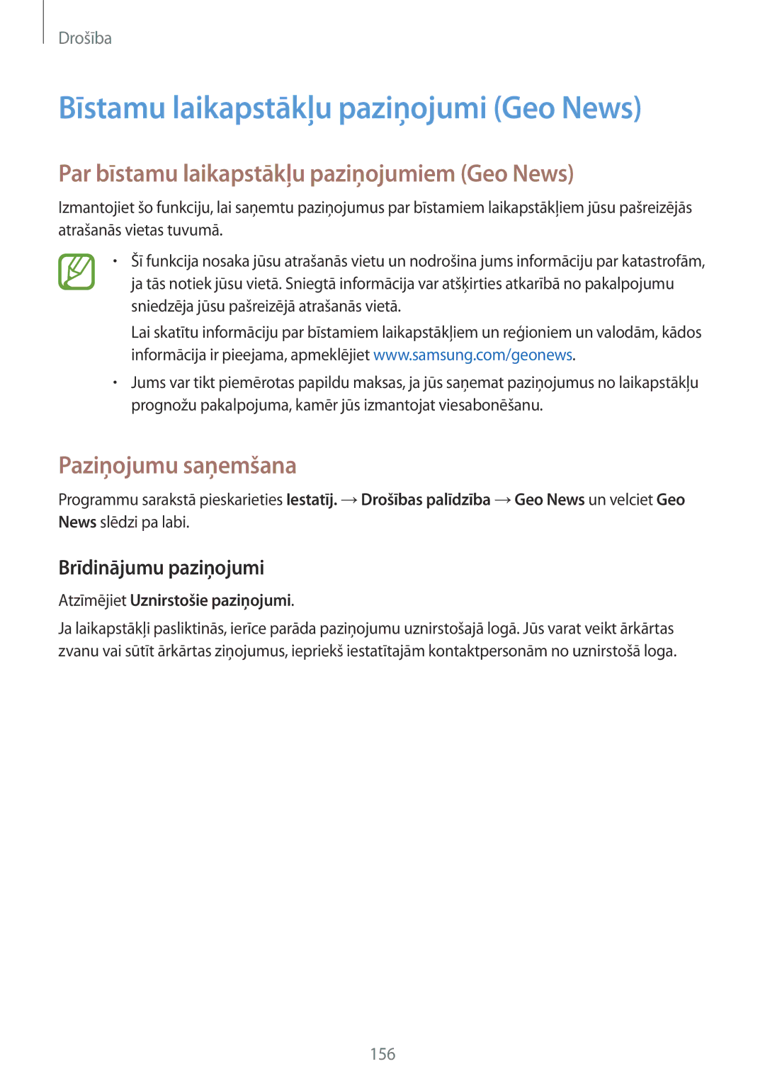 Samsung SM-G900FZDASEB manual Bīstamu laikapstākļu paziņojumi Geo News, Par bīstamu laikapstākļu paziņojumiem Geo News 