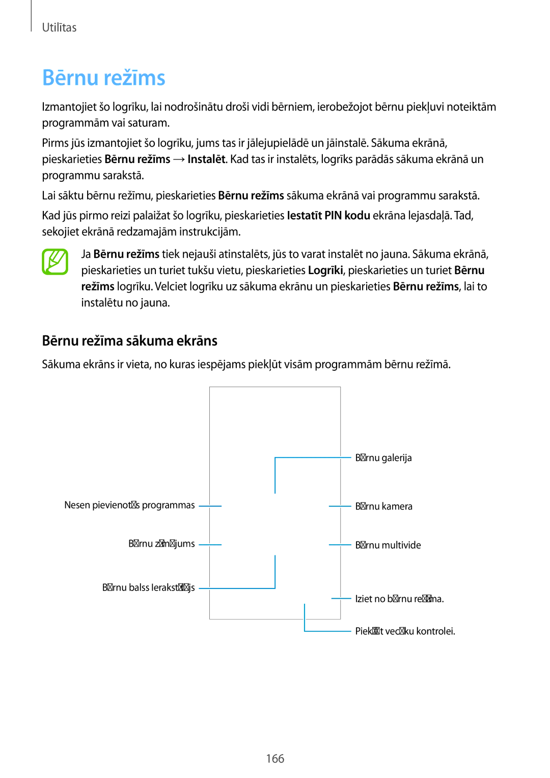 Samsung SM-G900FZKASEB, SM-G900FZDASEB, SM-G900FZWASEB, SM-G900FZBASEB manual Bērnu režīms, Bērnu režīma sākuma ekrāns 