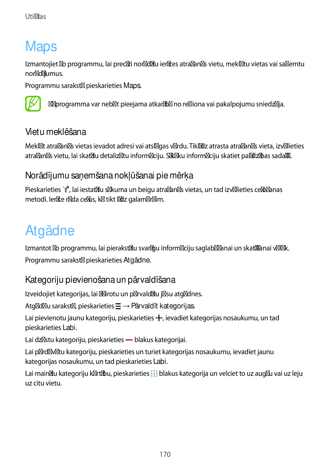 Samsung SM-G900FZKASEB, SM-G900FZDASEB manual Maps, Atgādne, Vietu meklēšana, Norādījumu saņemšana nokļūšanai pie mērķa 