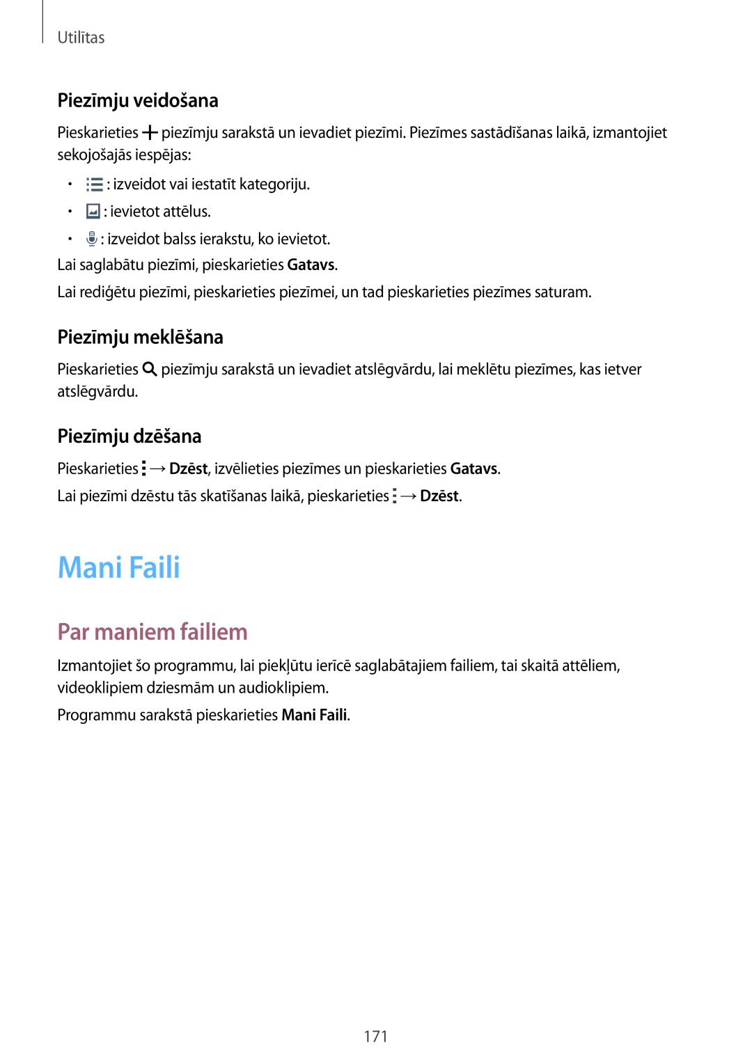 Samsung SM-G900FZBASEB manual Mani Faili, Par maniem failiem, Piezīmju veidošana, Piezīmju meklēšana, Piezīmju dzēšana 