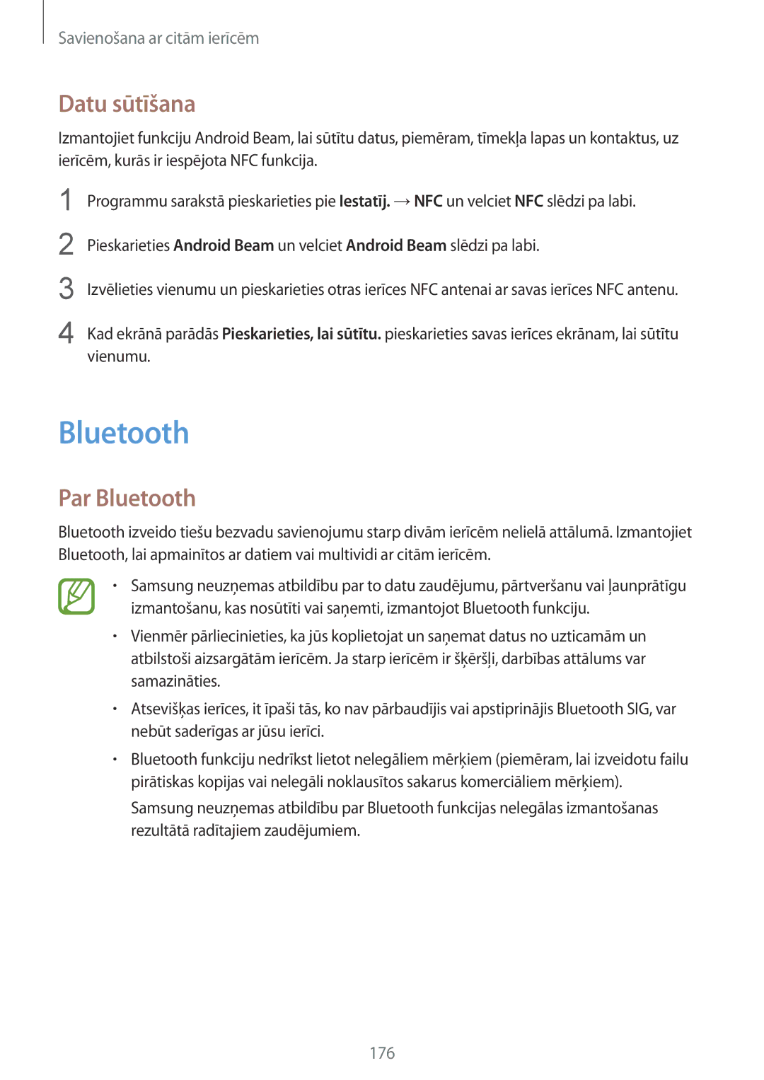 Samsung SM-G900FZDASEB, SM-G900FZWASEB, SM-G900FZKASEB, SM-G900FZBASEB manual Datu sūtīšana, Par Bluetooth 