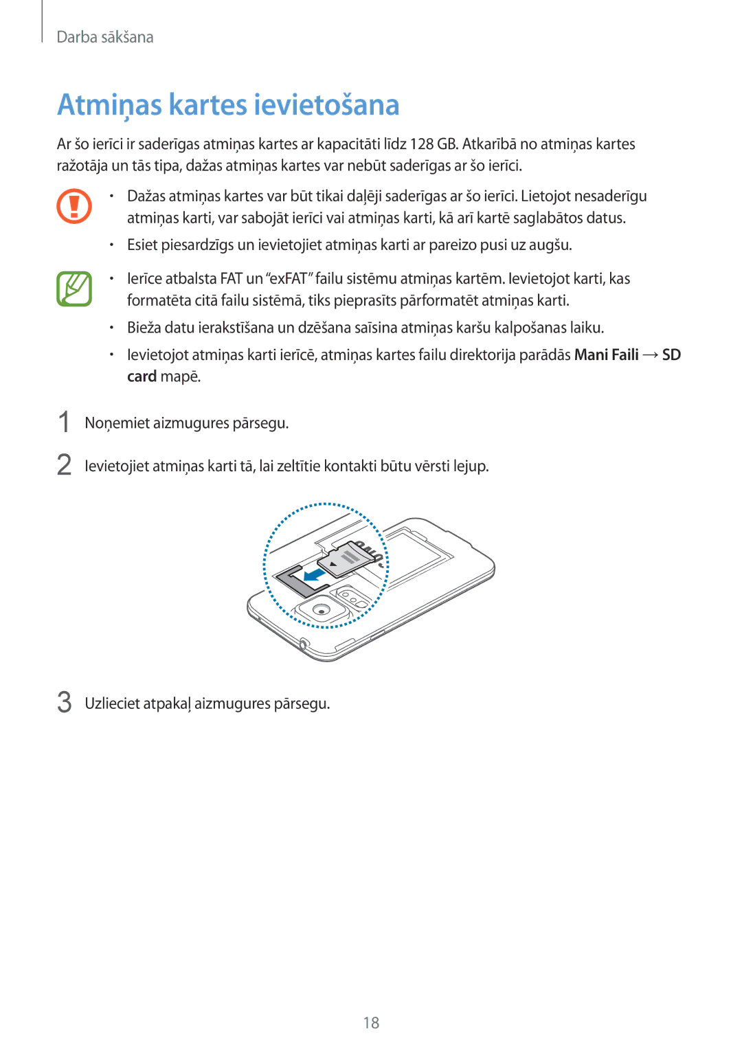 Samsung SM-G900FZKASEB, SM-G900FZDASEB, SM-G900FZWASEB, SM-G900FZBASEB manual Atmiņas kartes ievietošana 