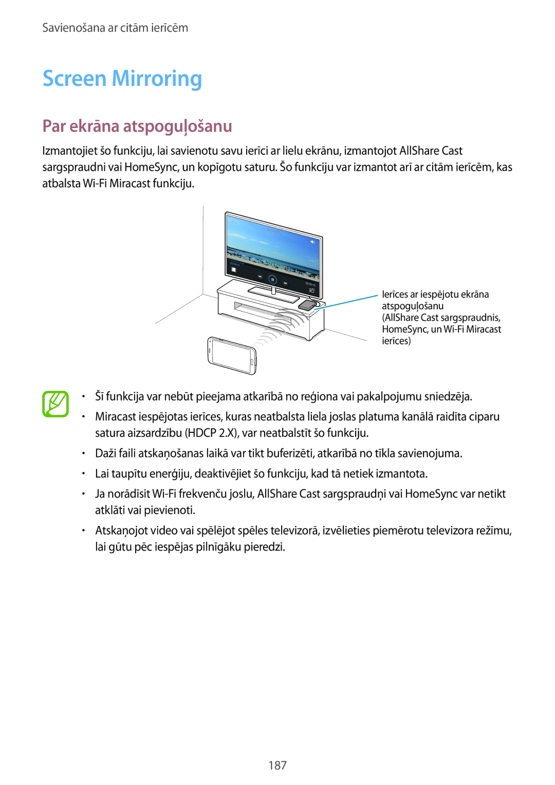 Samsung SM-G900FZBASEB, SM-G900FZDASEB, SM-G900FZWASEB, SM-G900FZKASEB manual Screen Mirroring, Par ekrāna atspoguļošanu 