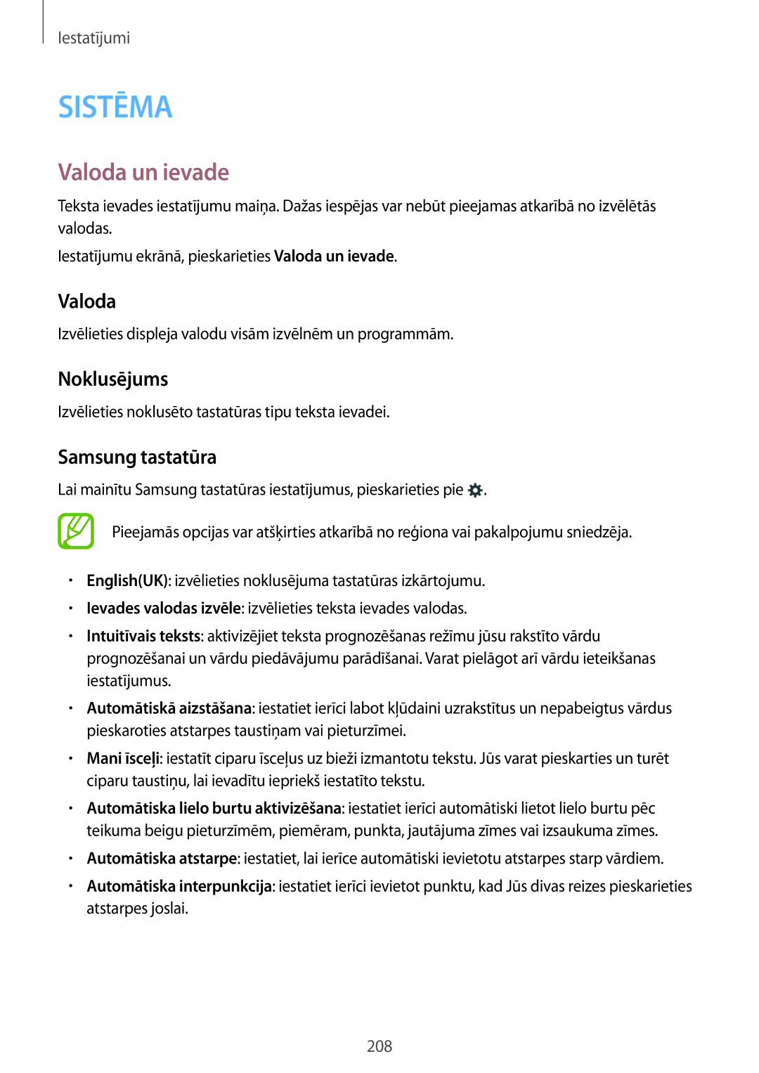 Samsung SM-G900FZDASEB, SM-G900FZWASEB, SM-G900FZKASEB, SM-G900FZBASEB manual Valoda un ievade, Noklusējums, Samsung tastatūra 