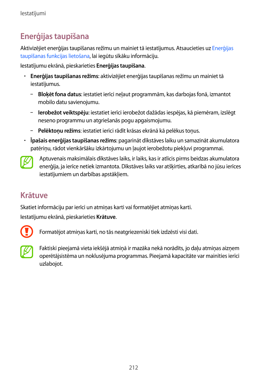 Samsung SM-G900FZDASEB, SM-G900FZWASEB, SM-G900FZKASEB, SM-G900FZBASEB manual Enerģijas taupīšana, Krātuve 