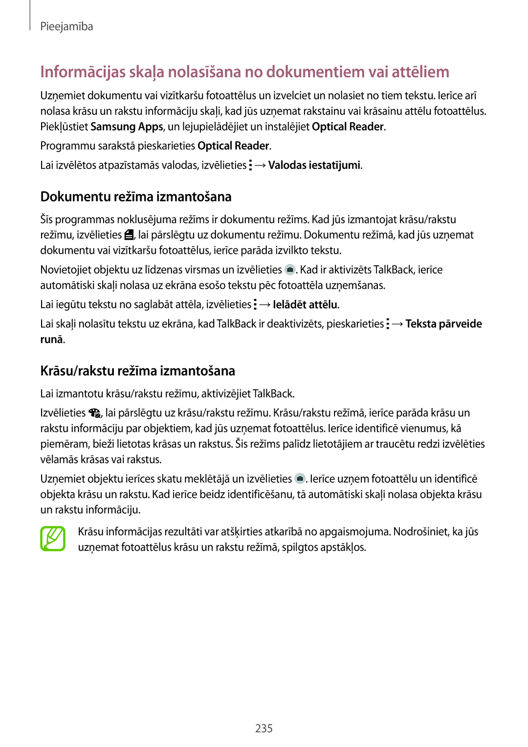 Samsung SM-G900FZBASEB manual Informācijas skaļa nolasīšana no dokumentiem vai attēliem, Dokumentu režīma izmantošana, Runā 