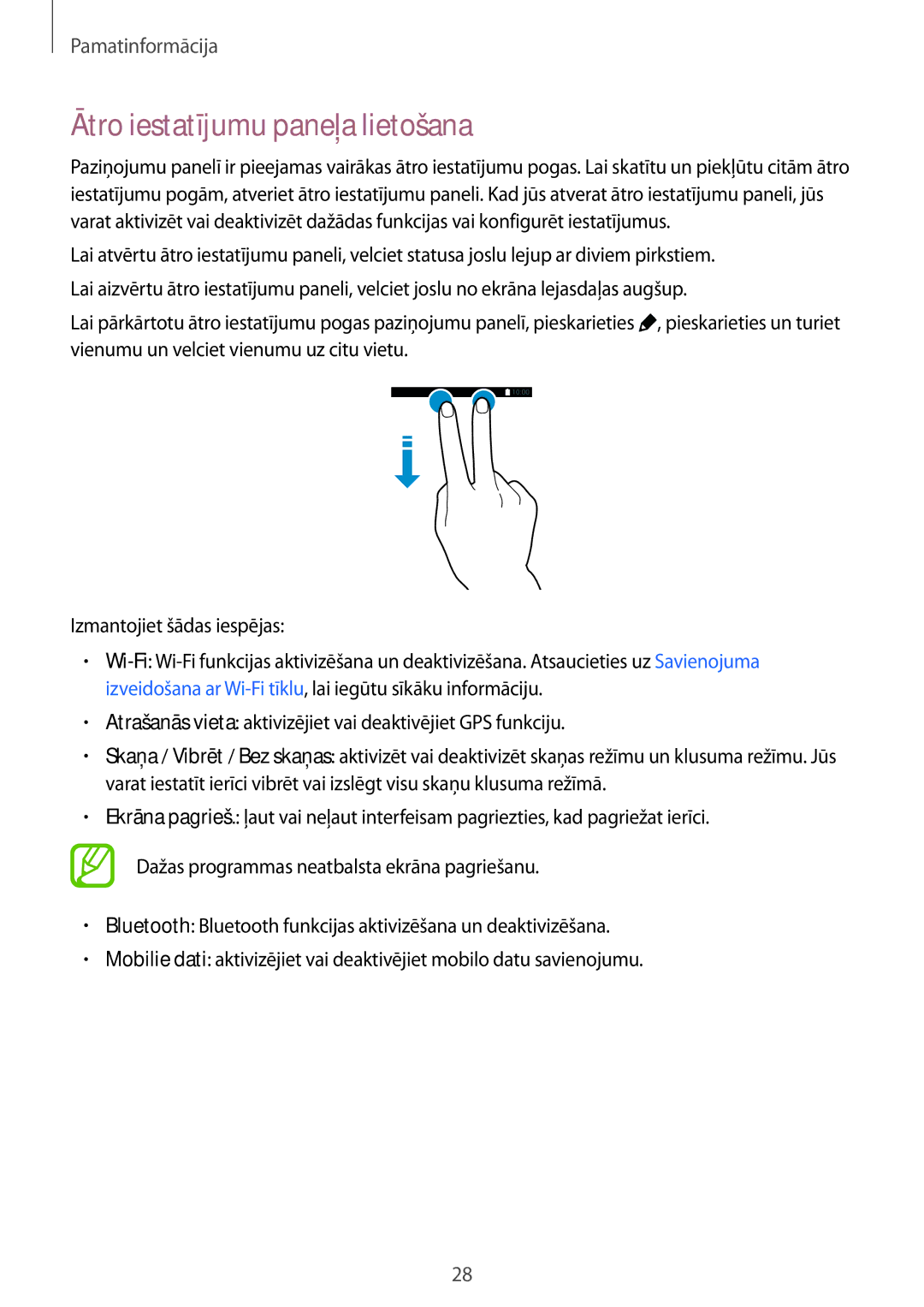 Samsung SM-G900FZDASEB, SM-G900FZWASEB, SM-G900FZKASEB, SM-G900FZBASEB manual Ātro iestatījumu paneļa lietošana 