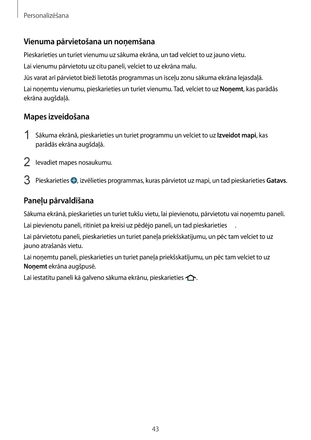 Samsung SM-G900FZBASEB, SM-G900FZDASEB manual Vienuma pārvietošana un noņemšana, Mapes izveidošana, Paneļu pārvaldīšana 