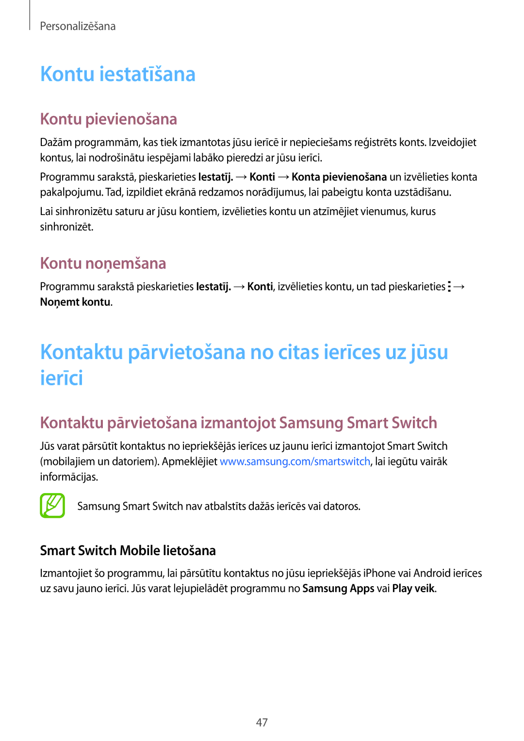 Samsung SM-G900FZBASEB manual Kontu iestatīšana, Kontaktu pārvietošana no citas ierīces uz jūsu ierīci, Kontu pievienošana 