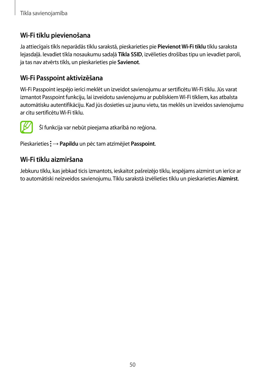 Samsung SM-G900FZKASEB, SM-G900FZDASEB manual Wi-Fi tīklu pievienošana, Wi-Fi Passpoint aktivizēšana, Wi-Fi tīklu aizmiršana 