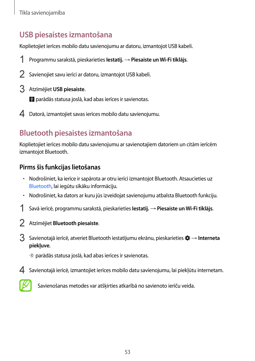 Samsung SM-G900FZWASEB manual USB piesaistes izmantošana, Bluetooth piesaistes izmantošana, Atzīmējiet USB piesaiste 