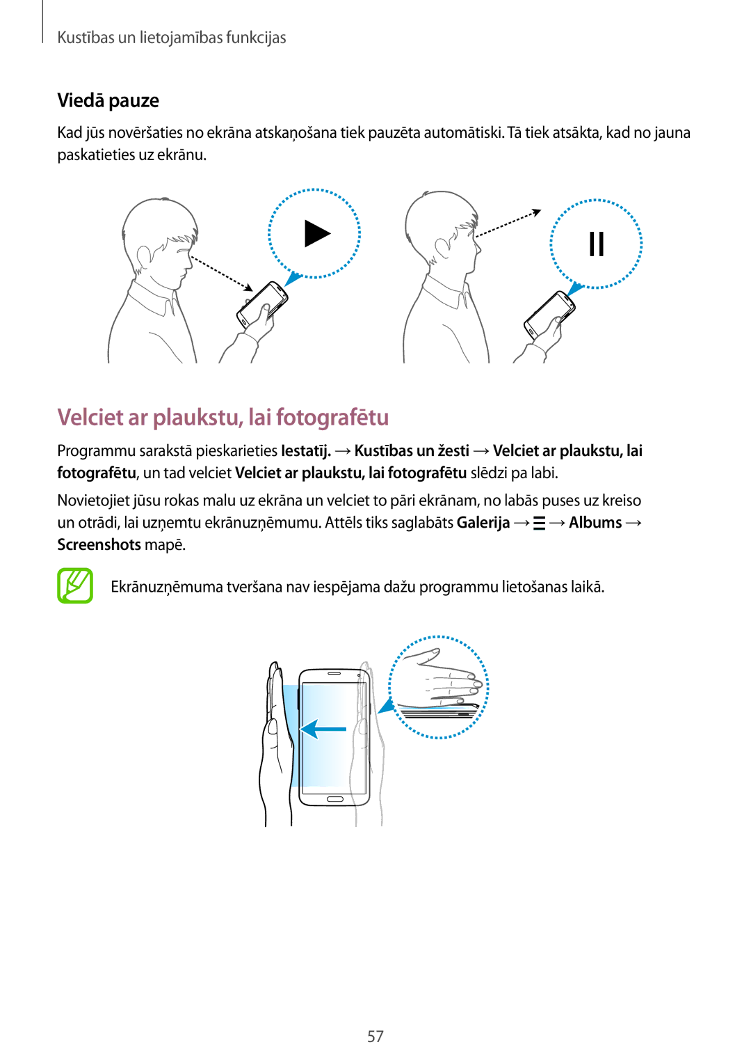 Samsung SM-G900FZWASEB, SM-G900FZDASEB, SM-G900FZKASEB Velciet ar plaukstu, lai fotografētu, Viedā pauze, Screenshots mapē 