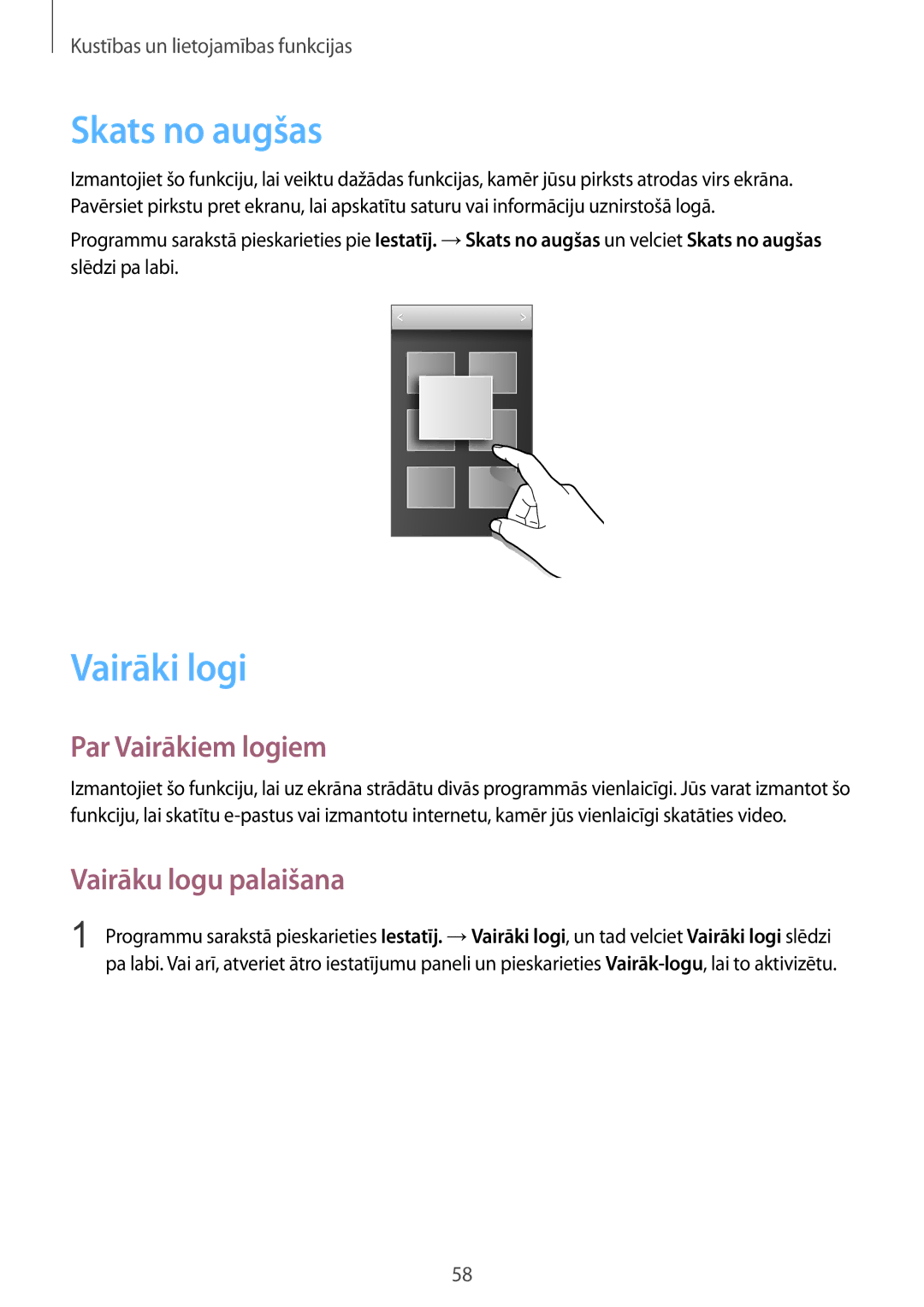 Samsung SM-G900FZKASEB, SM-G900FZDASEB manual Skats no augšas, Vairāki logi, Par Vairākiem logiem, Vairāku logu palaišana 