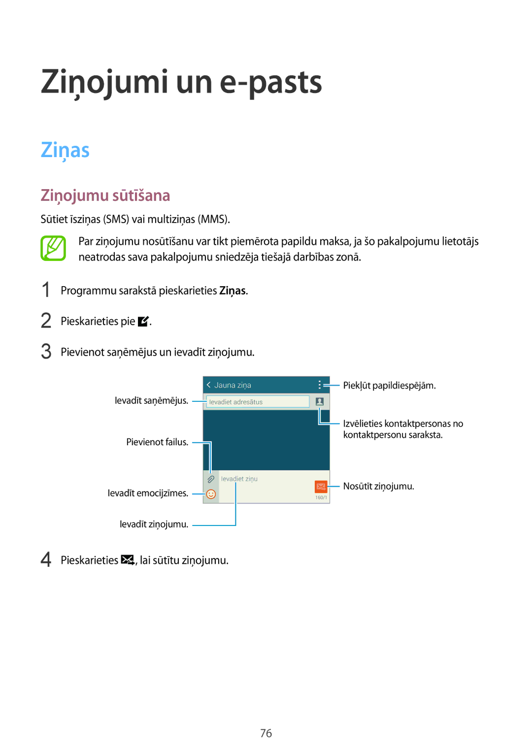 Samsung SM-G900FZDASEB manual Ziņojumi un e-pasts, Ziņas, Ziņojumu sūtīšana, Sūtiet īsziņas SMS vai multiziņas MMS 