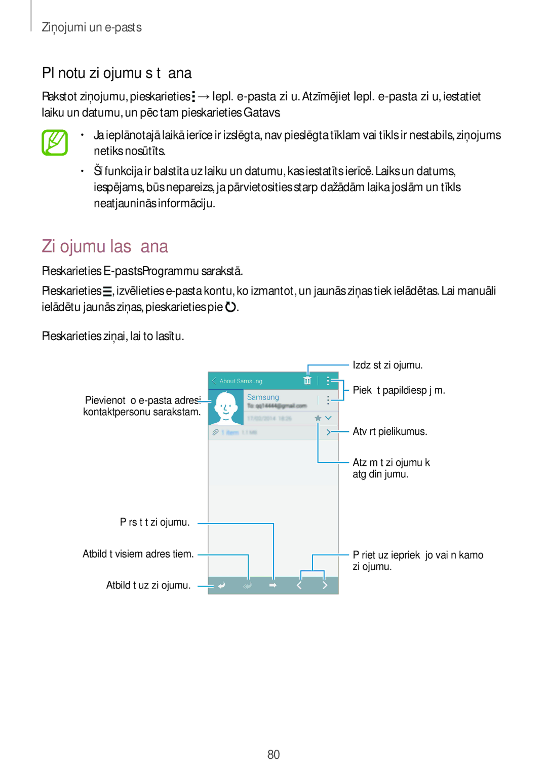 Samsung SM-G900FZDASEB, SM-G900FZWASEB, SM-G900FZKASEB, SM-G900FZBASEB manual Ziņojumu lasīšana, Plānotu ziņojumu sūtīšana 