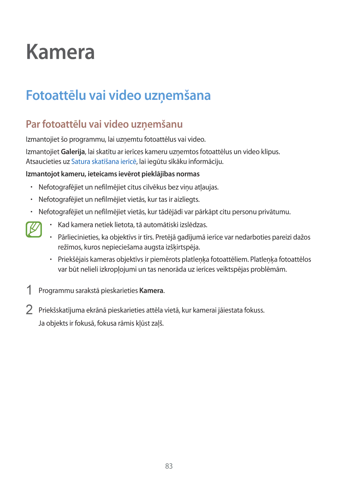 Samsung SM-G900FZBASEB, SM-G900FZDASEB manual Kamera, Fotoattēlu vai video uzņemšana, Par fotoattēlu vai video uzņemšanu 