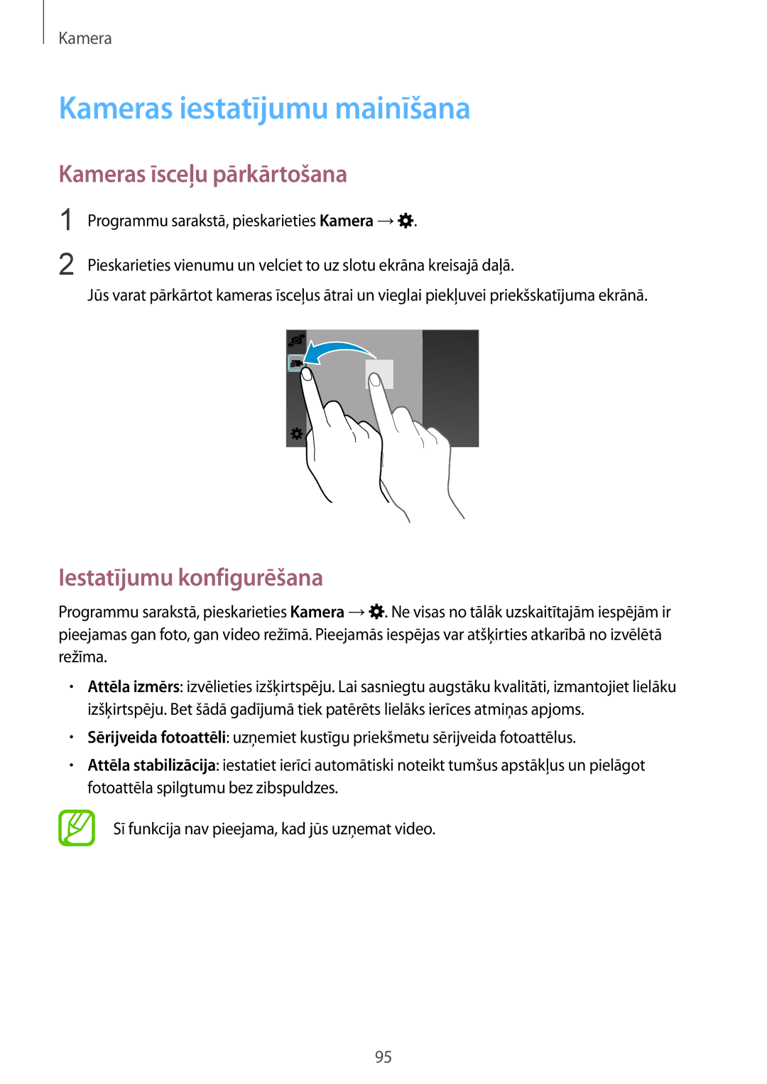 Samsung SM-G900FZBASEB manual Kameras iestatījumu mainīšana, Kameras īsceļu pārkārtošana, Iestatījumu konfigurēšana 