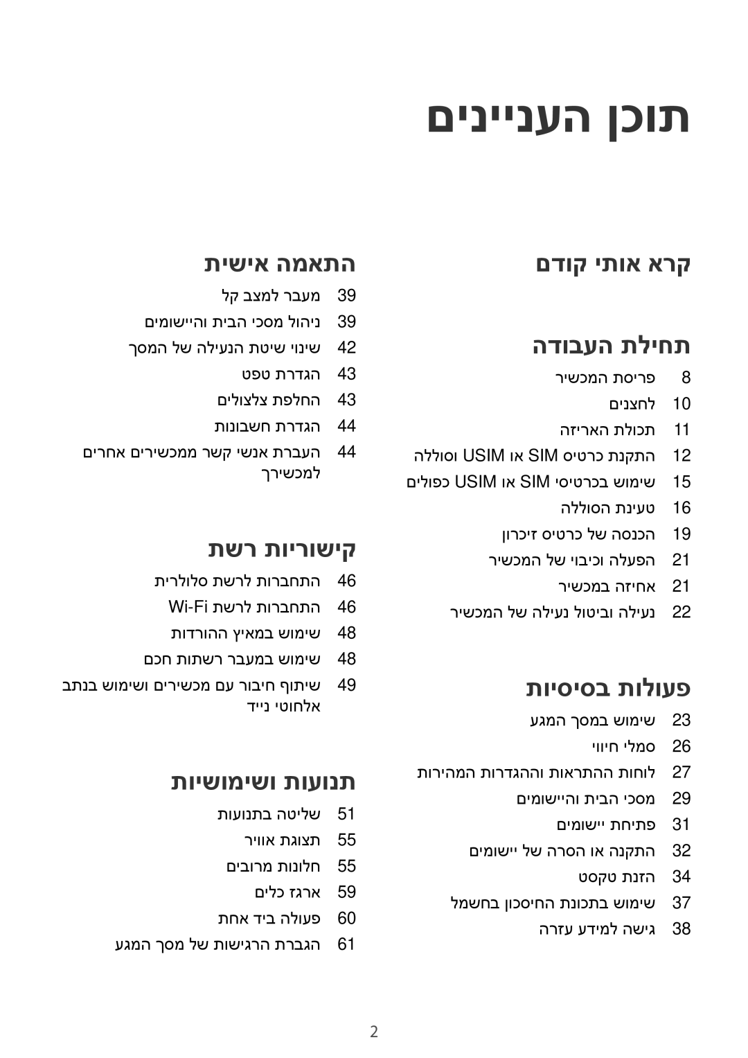 Samsung SM-G900FZKVILO, SM-G900FZDVILO, SM-G900FZWVILO, SM-G900FZBVILO manual םיניינעה ןכות, תישיא המאתה 