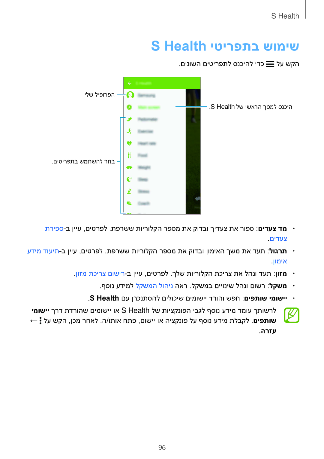 Samsung SM-G900FZDVILO, SM-G900FZWVILO, SM-G900FZKVILO, SM-G900FZBVILO manual Health יטירפתב שומיש, הרזע 