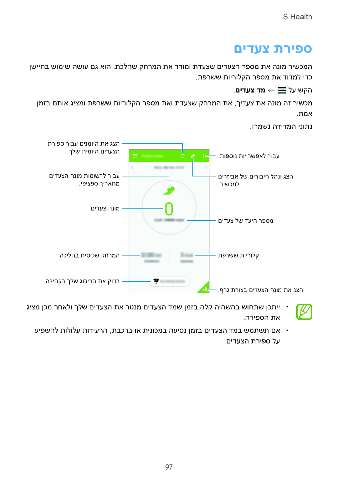 Samsung SM-G900FZWVILO, SM-G900FZDVILO, SM-G900FZKVILO, SM-G900FZBVILO manual םידעצ תריפס, ורמשנ הדידמה ינותנ 