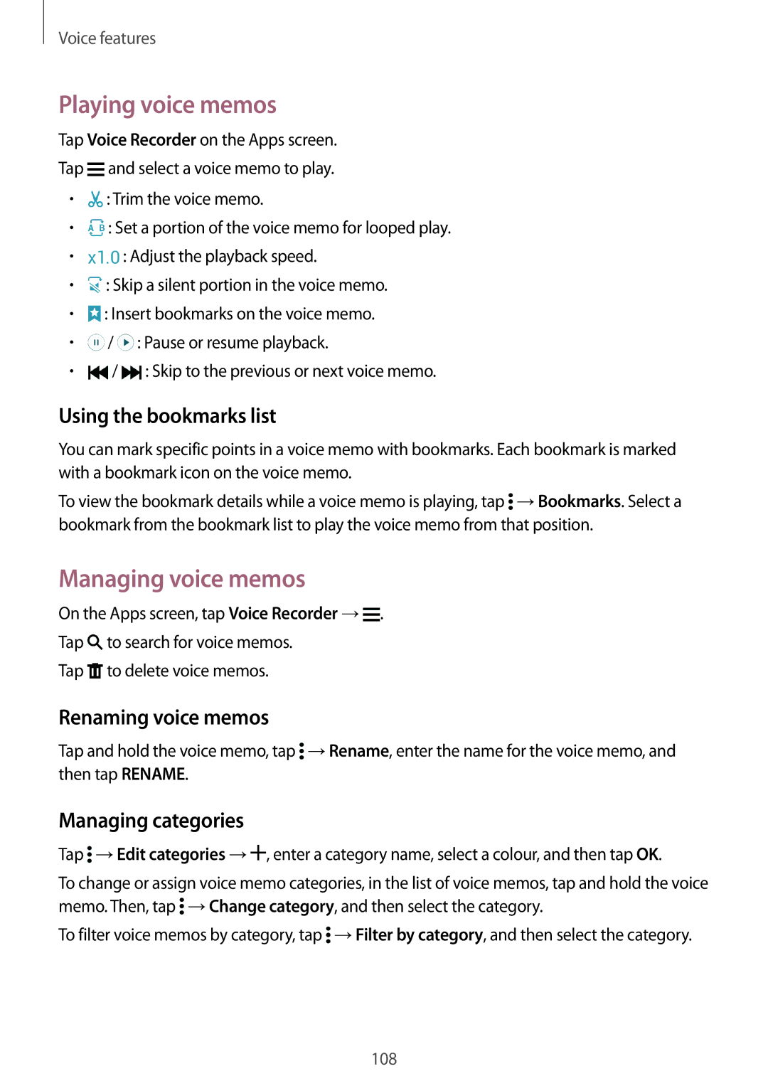 Samsung SM-G900FZDAMWD manual Playing voice memos, Managing voice memos, Using the bookmarks list, Renaming voice memos 