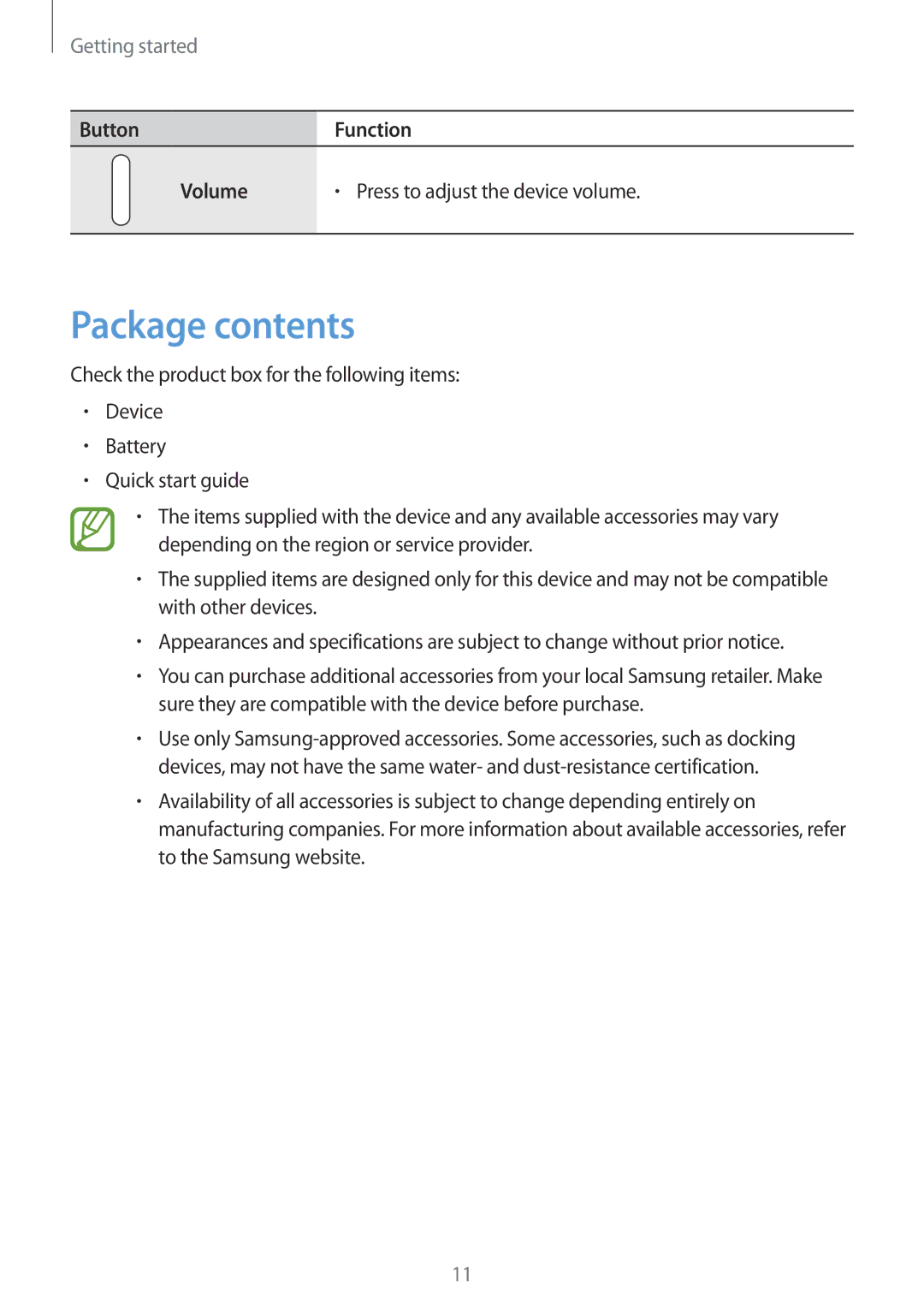 Samsung SM-G900FZDAXEF, SM-G900FZKADBT, SM-G900FZBADBT, SM-G900FZWADBT, SM-G900FZDADBT, SM-G900FZWABOG manual Package contents 