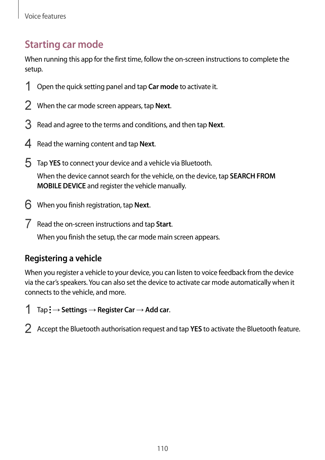 Samsung SM-G900FZDAXEH, SM-G900FZKADBT manual Starting car mode, Registering a vehicle, Tap →Settings →Register Car →Add car 