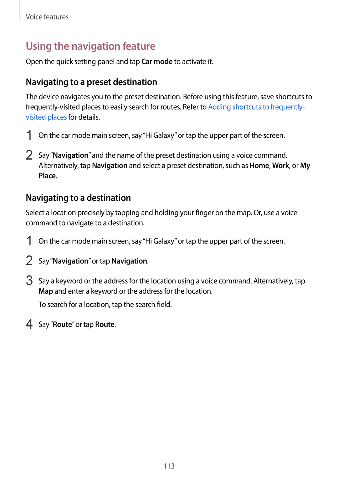 Samsung SM-G900FZWATTR manual Using the navigation feature, Navigating to a preset destination, Navigating to a destination 