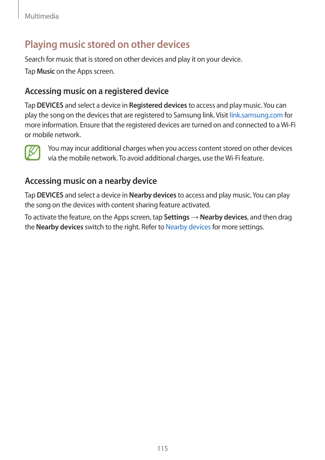 Samsung SM-G900FZBAKSA, SM-G900FZKADBT manual Playing music stored on other devices, Accessing music on a registered device 