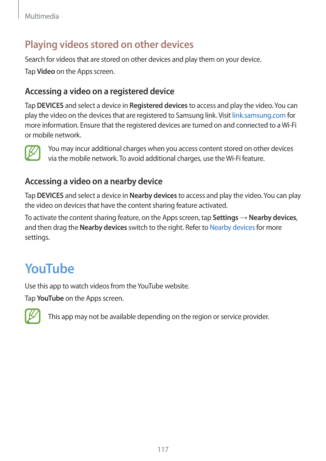 Samsung SM2G900FZKATSR manual YouTube, Playing videos stored on other devices, Accessing a video on a registered device 