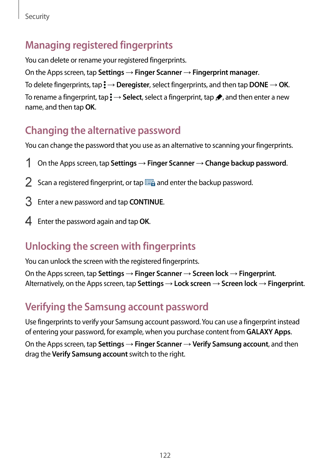 Samsung SM-G900FZKAMSR, SM-G900FZKADBT, SM-G900FZBADBT Managing registered fingerprints, Changing the alternative password 