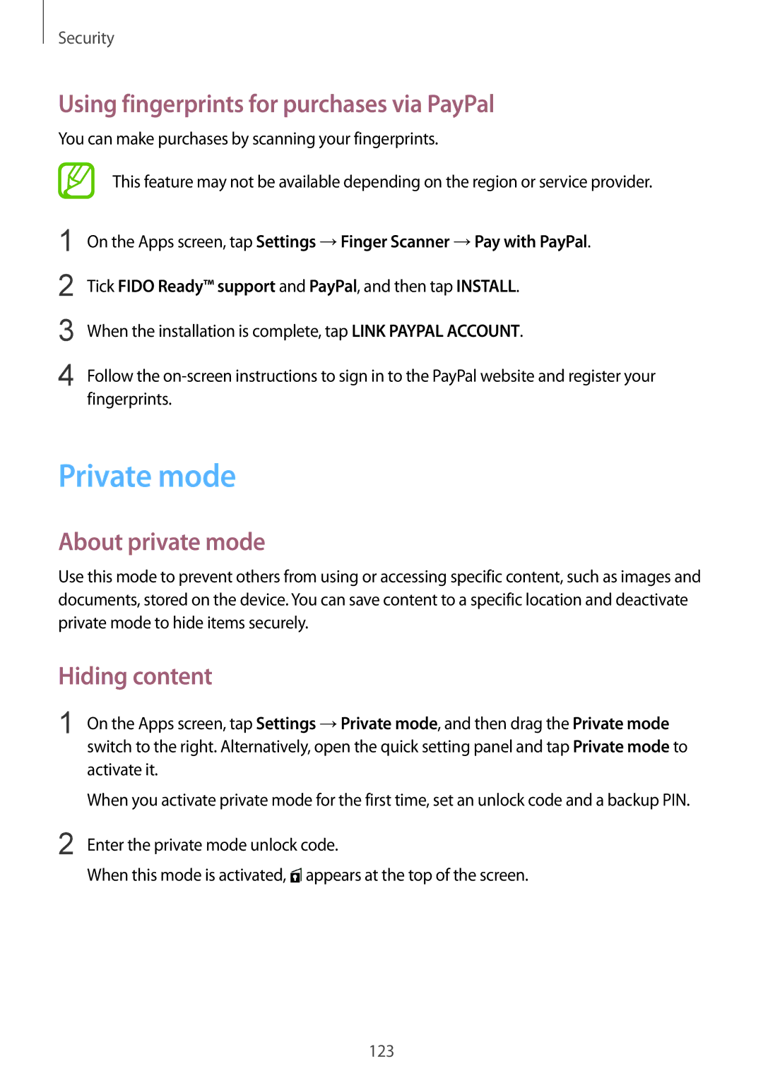 Samsung SM-G900FZKATOP manual Private mode, Using fingerprints for purchases via PayPal, About private mode, Hiding content 