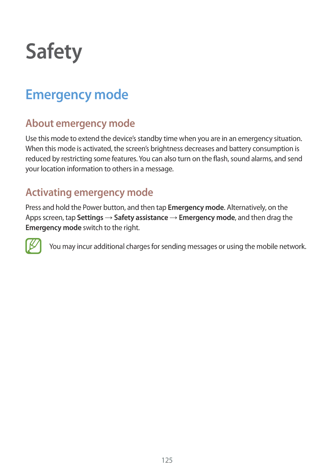 Samsung SM-G900FZDATEB, SM-G900FZKADBT manual Safety, Emergency mode, About emergency mode, Activating emergency mode 