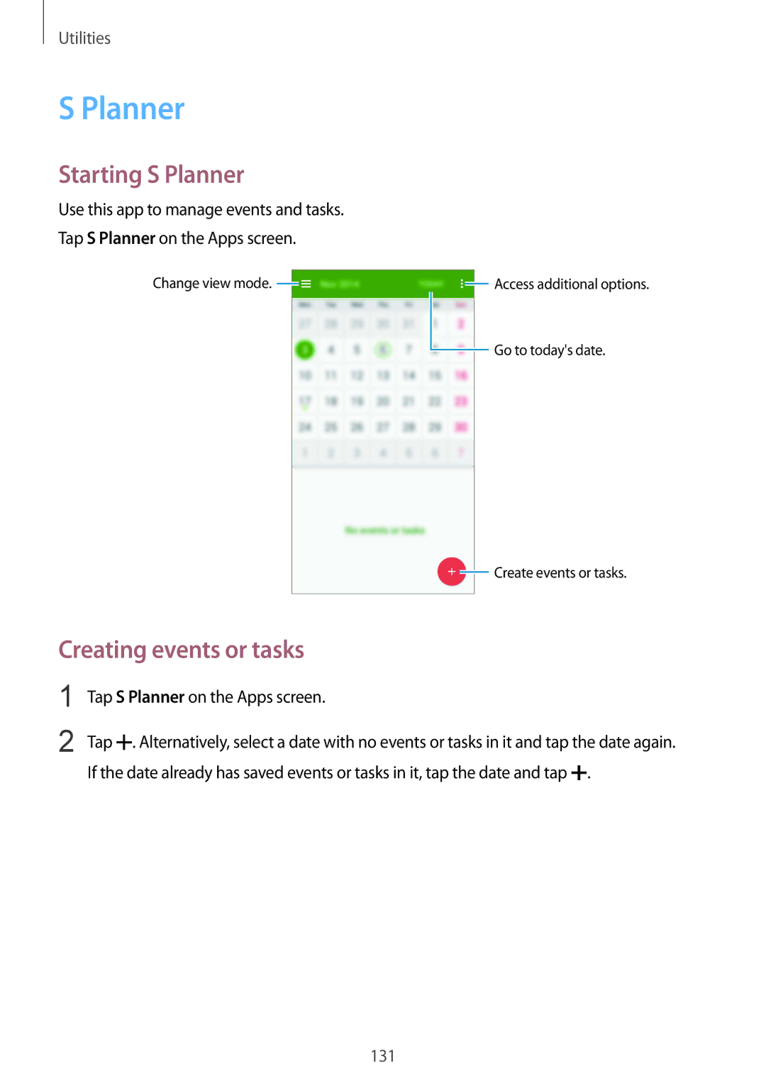 Samsung SM-G900FZWAAVF, SM-G900FZKADBT Starting S Planner, Creating events or tasks, Tap S Planner on the Apps screen 