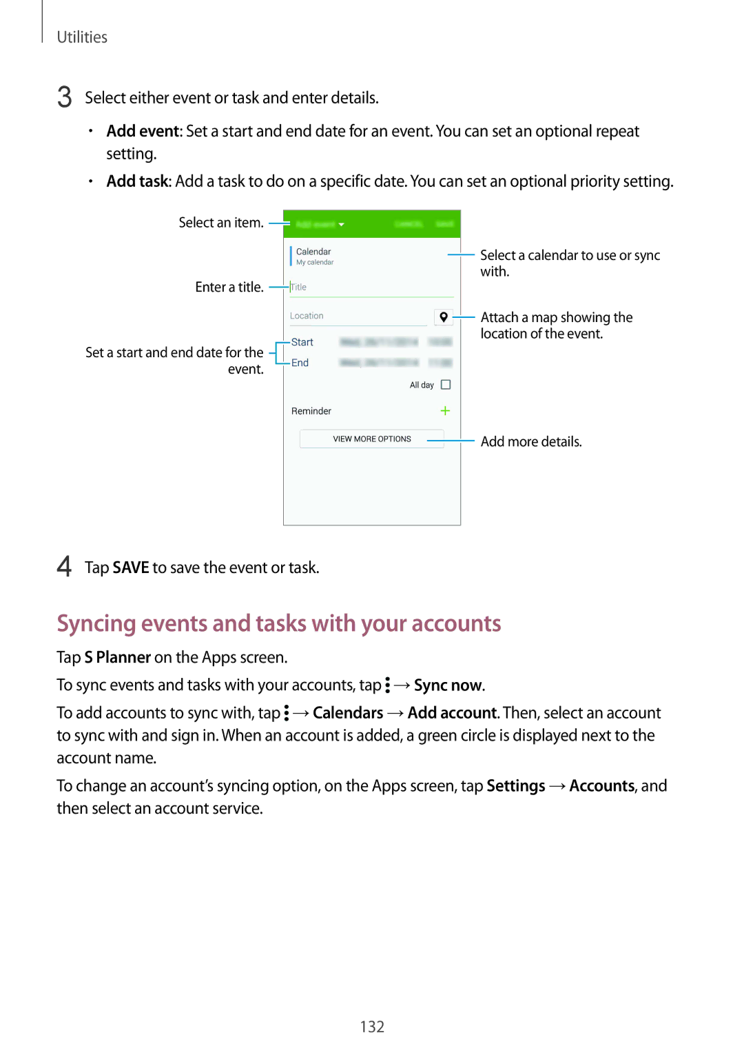 Samsung SM-G900FZKAAVF, SM-G900FZKADBT Syncing events and tasks with your accounts, Tap Save to save the event or task 