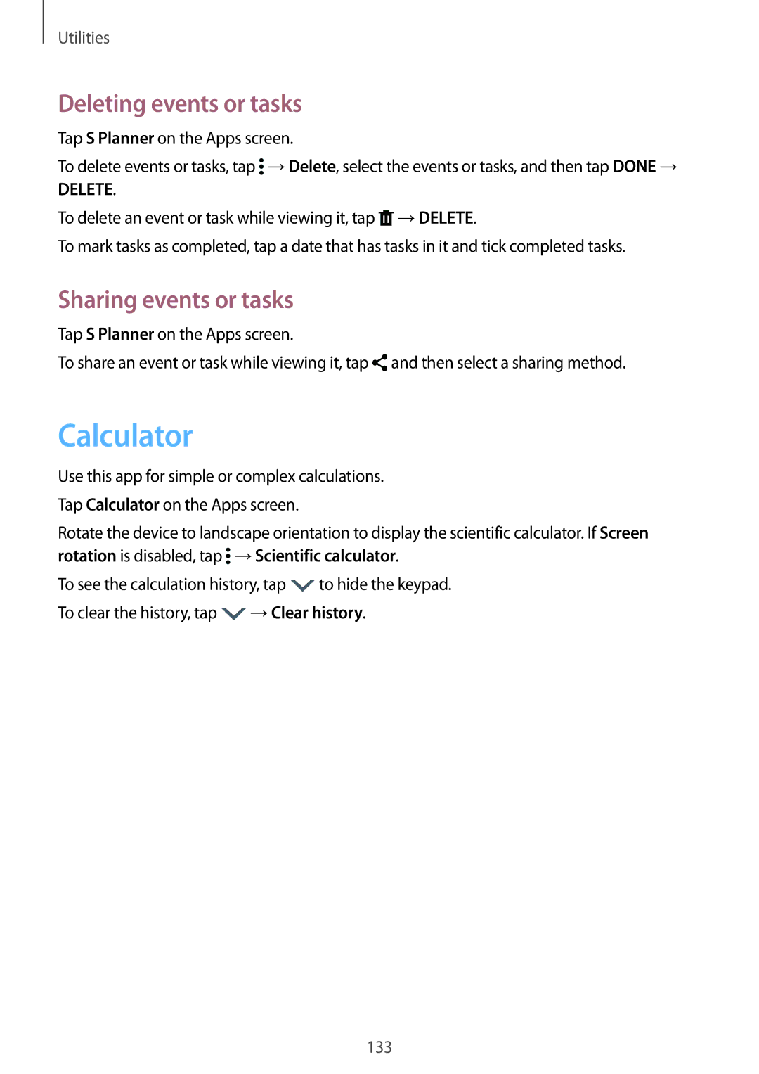 Samsung SM2G900FZKATOP, SM-G900FZKADBT, SM-G900FZBADBT manual Calculator, Deleting events or tasks, Sharing events or tasks 